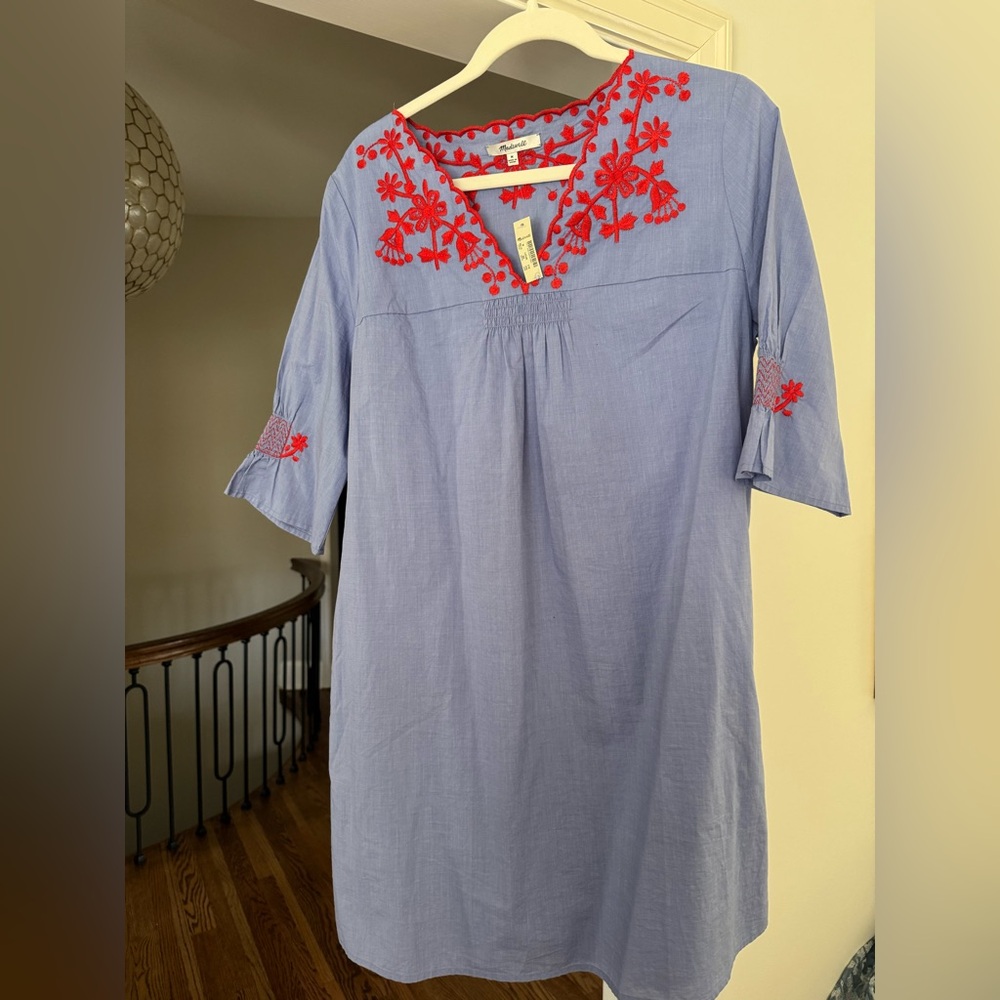 Madewell Light Blue Light weight Chambray Dress with Red Embroidered Yoke